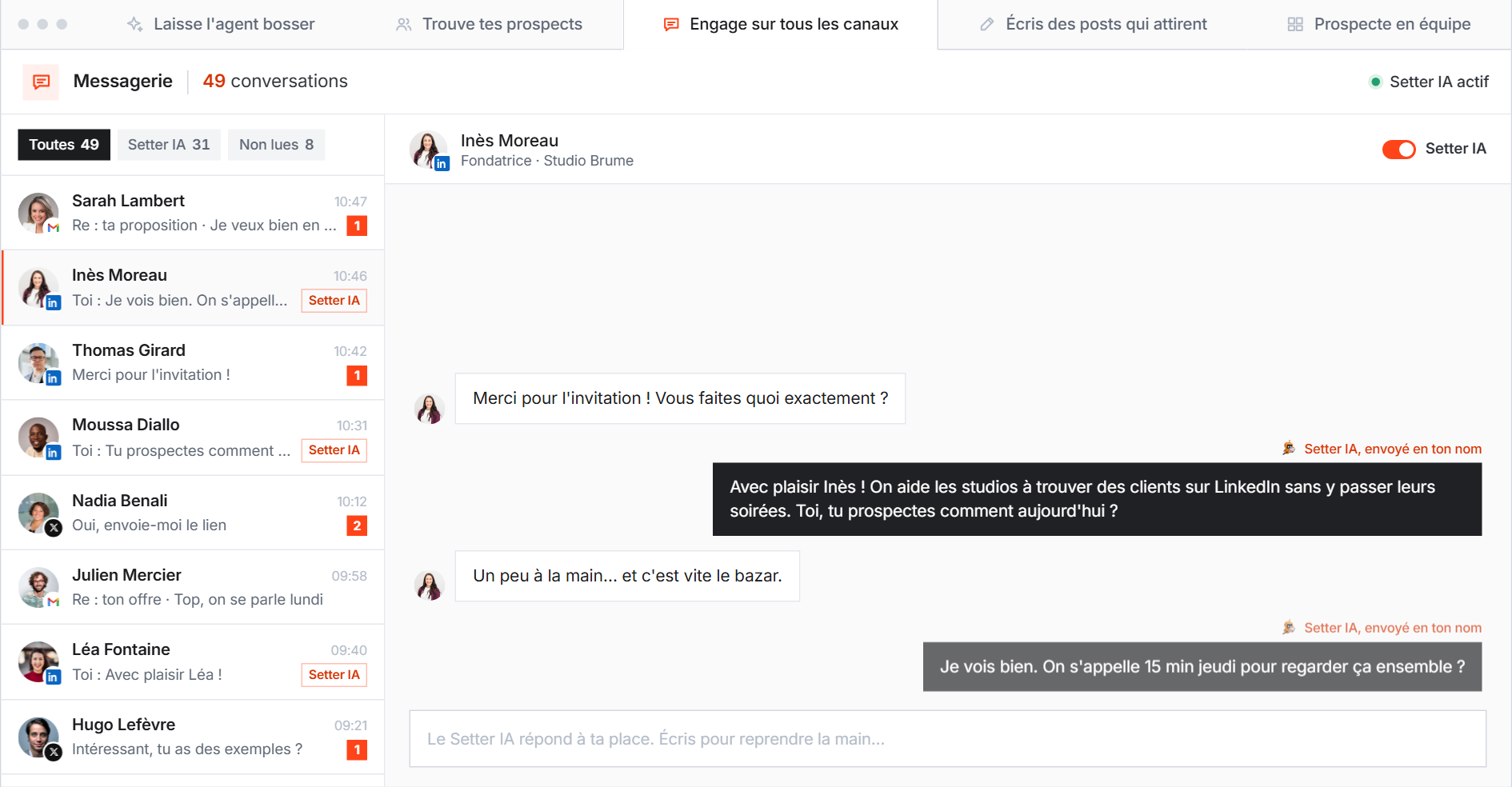 Makelead : messagerie de prospection où le setter IA répond aux prospects LinkedIn jusqu'à la prise de rendez-vous