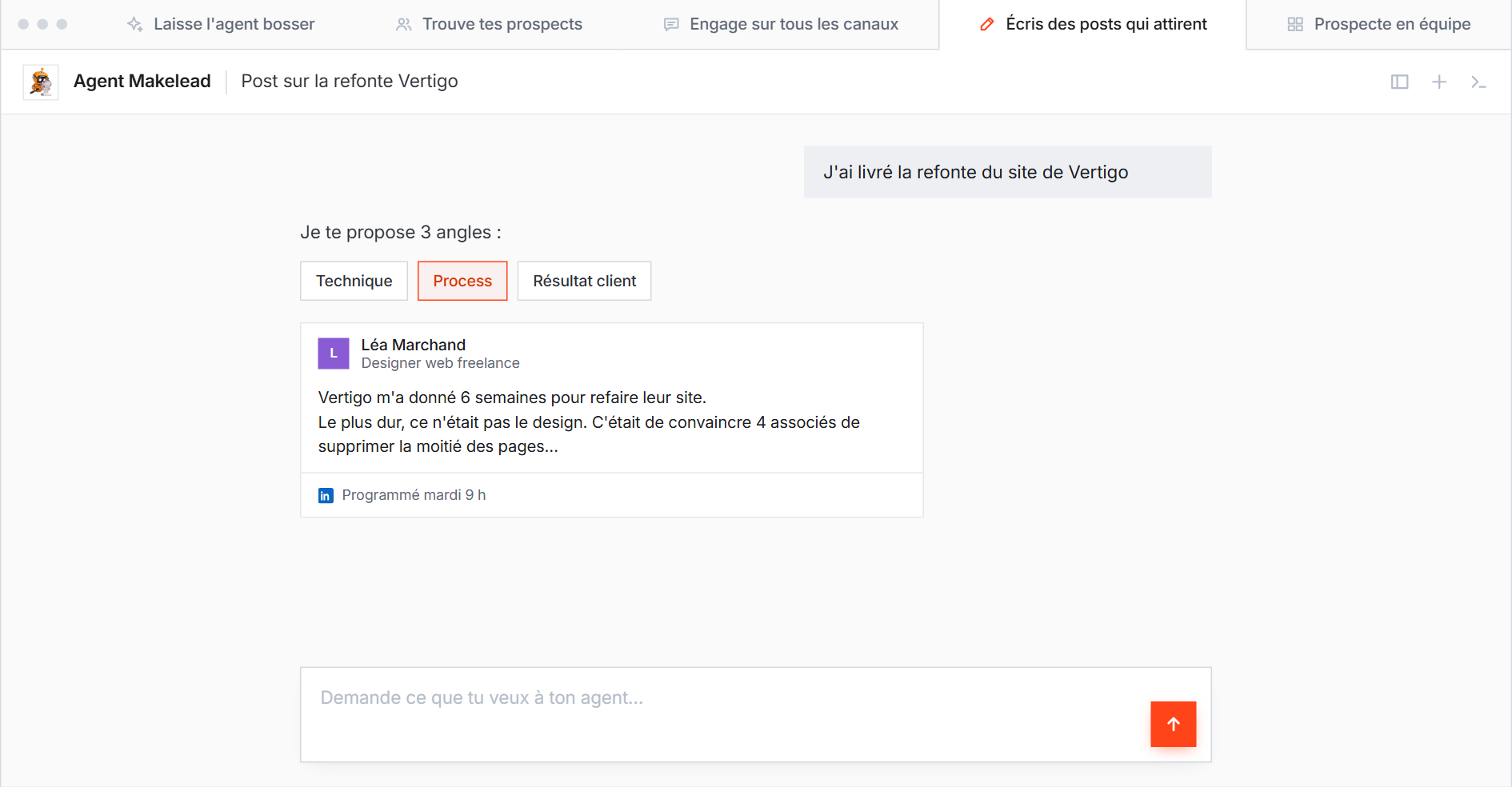 Makelead : génération d'un post LinkedIn à partir d'un projet livré, avec trois angles au choix